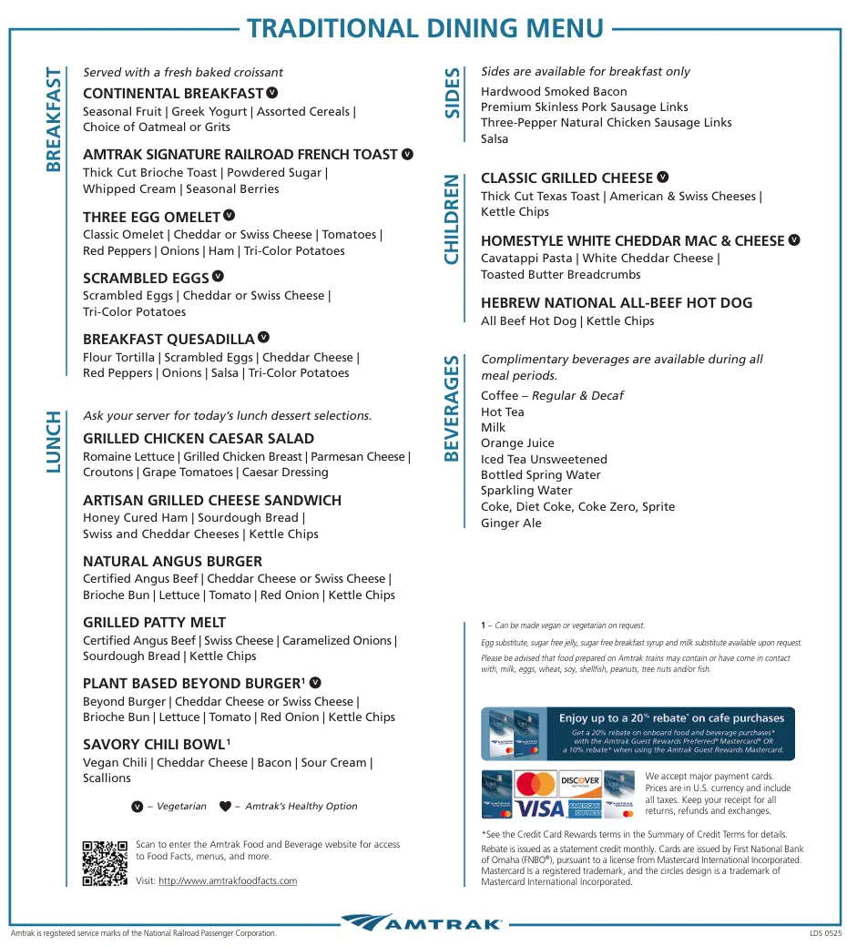 Amtrak Western Long Distance Breakfast and Lunch Menu as of January 2026