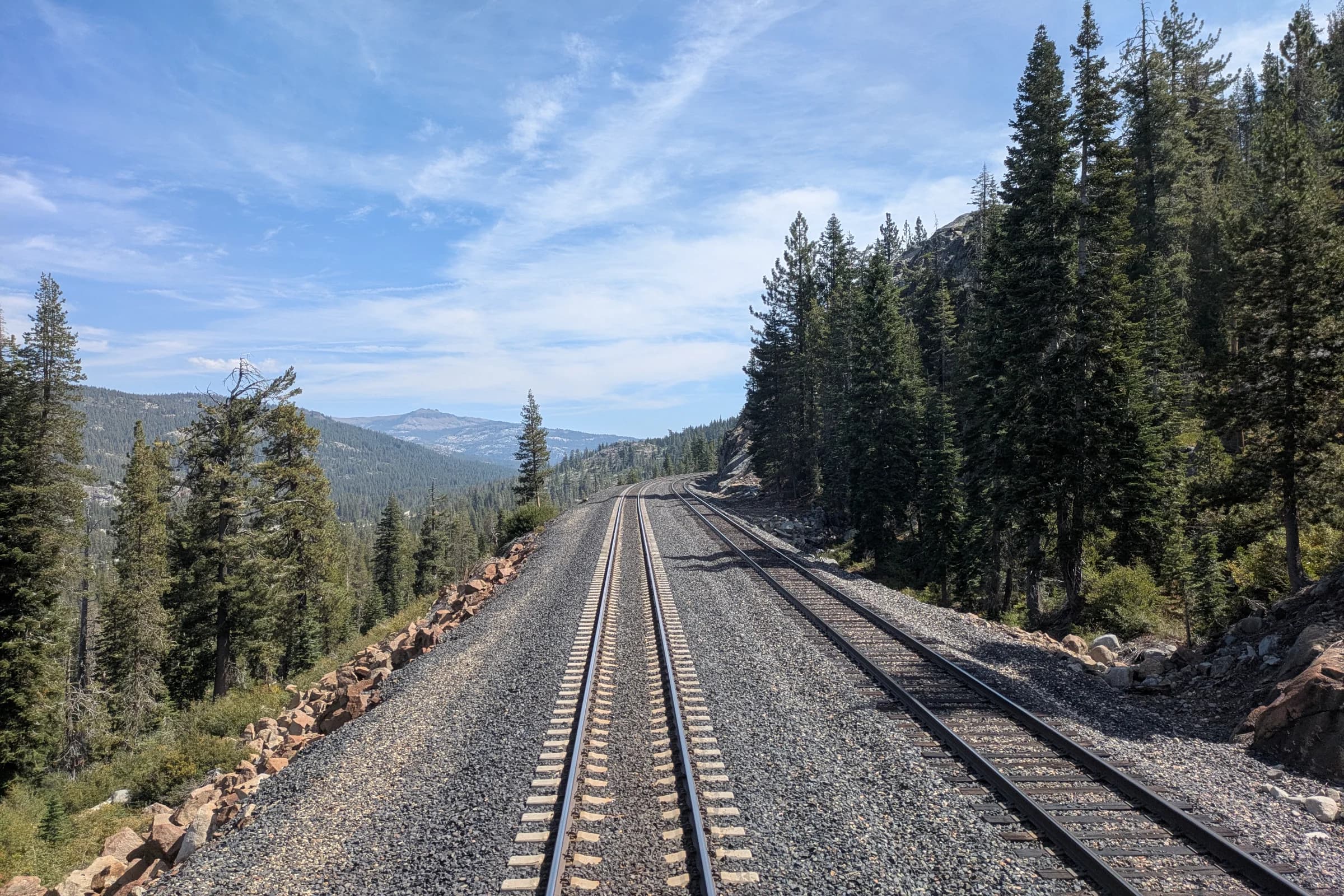 Views from rear of the train crossing the Sierra Nevada on the California Zephyr