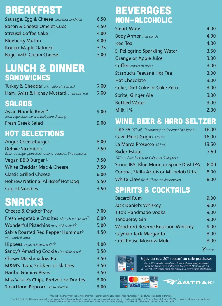 Amtrak Western Cafe Menu as of January 2026