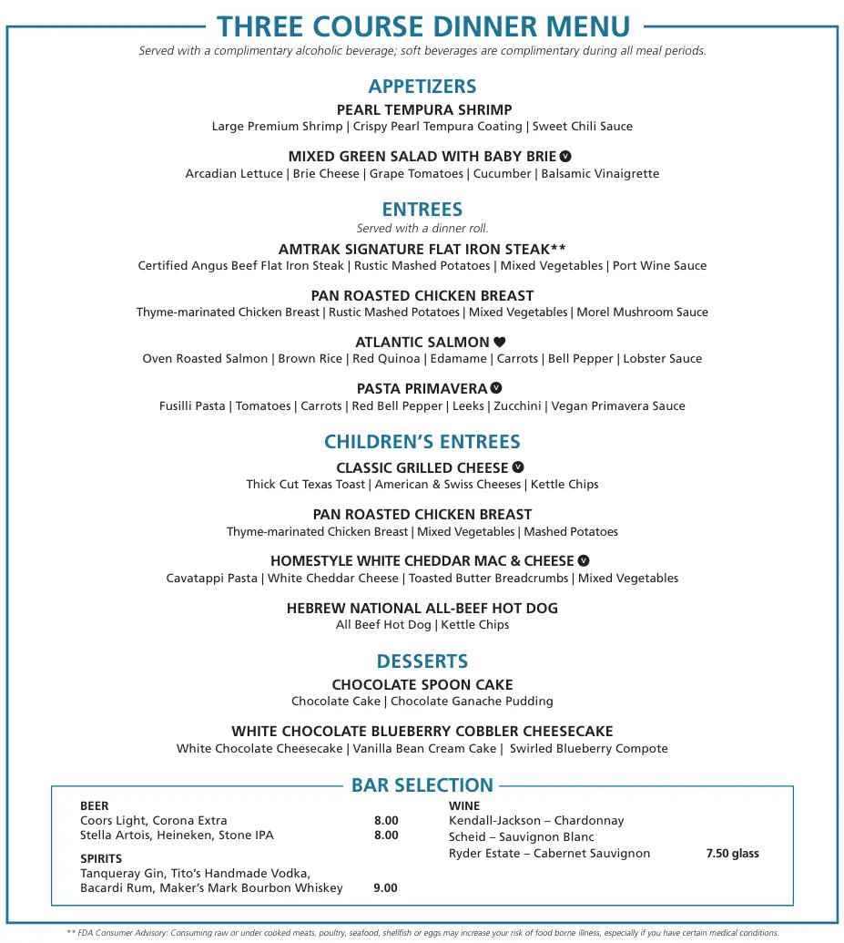 Amtrak Long Distance Dinner Menu